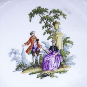 Piatto Meissen incontro tra dama e gentiluomo da un dipinto di Jean Antoine Watteau